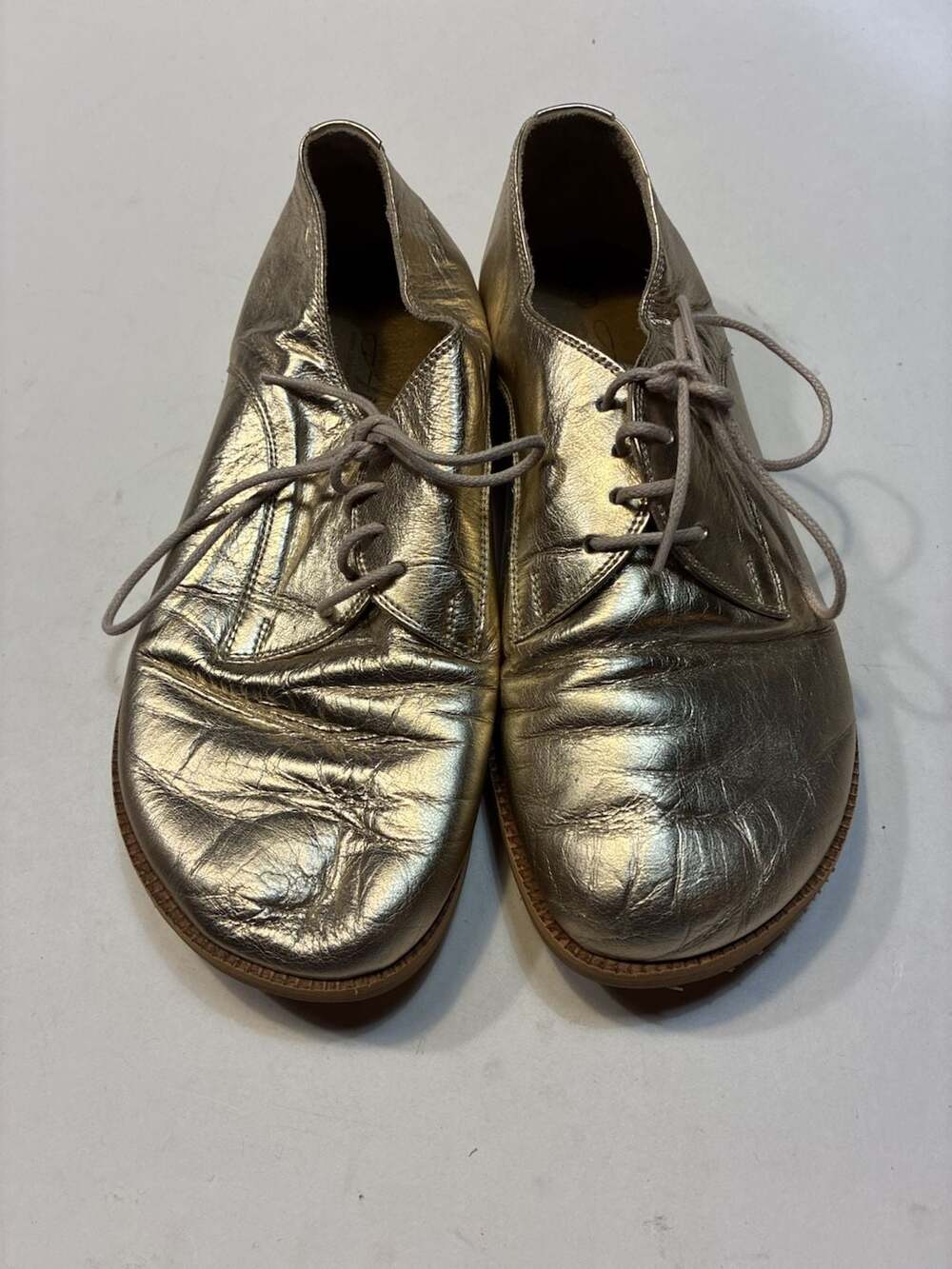Aintap Handmade Metallic Gold Leather Lace-Up Oxford Flats